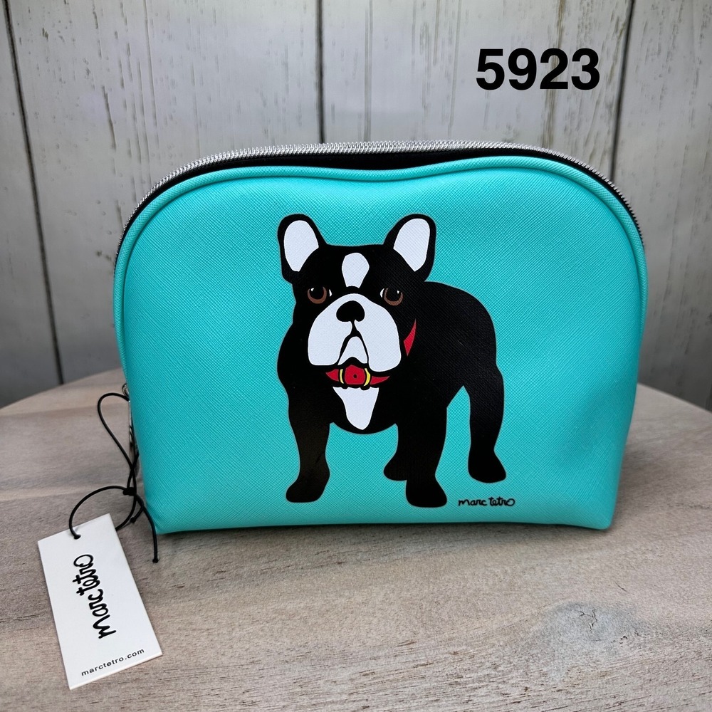 Marc Tetro Makeup Cosmetic Case Boston Terrier French Bulldog Teal Zipper Bag